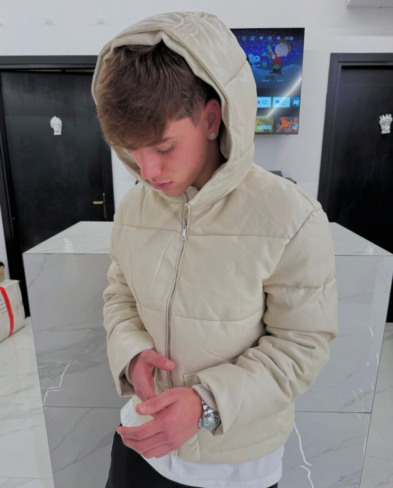 Giubbotto Uomo Duca Homme Beige in Ecopelle | Piumino Effetto Pelle | Fit Comodo