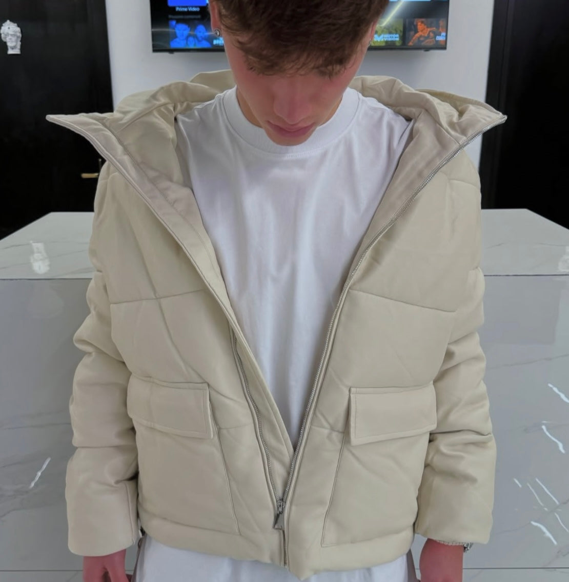 Giubbotto Uomo Duca Homme Beige in Ecopelle | Piumino Effetto Pelle | Fit Comodo