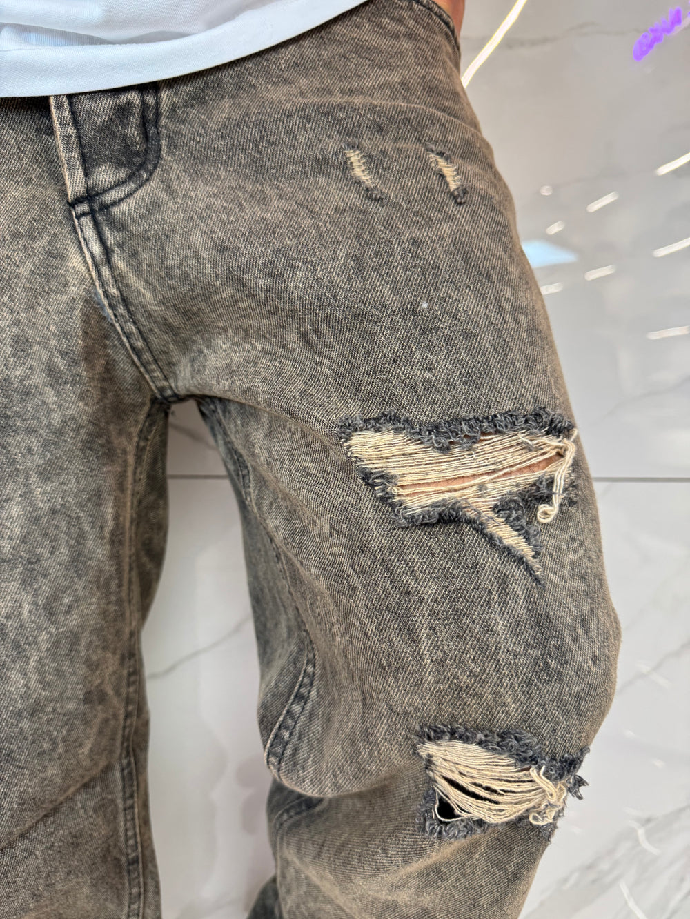 Jeans Loose Fit Beige Slavato Strappati Uomo Duca Homme - Fondo Regular
