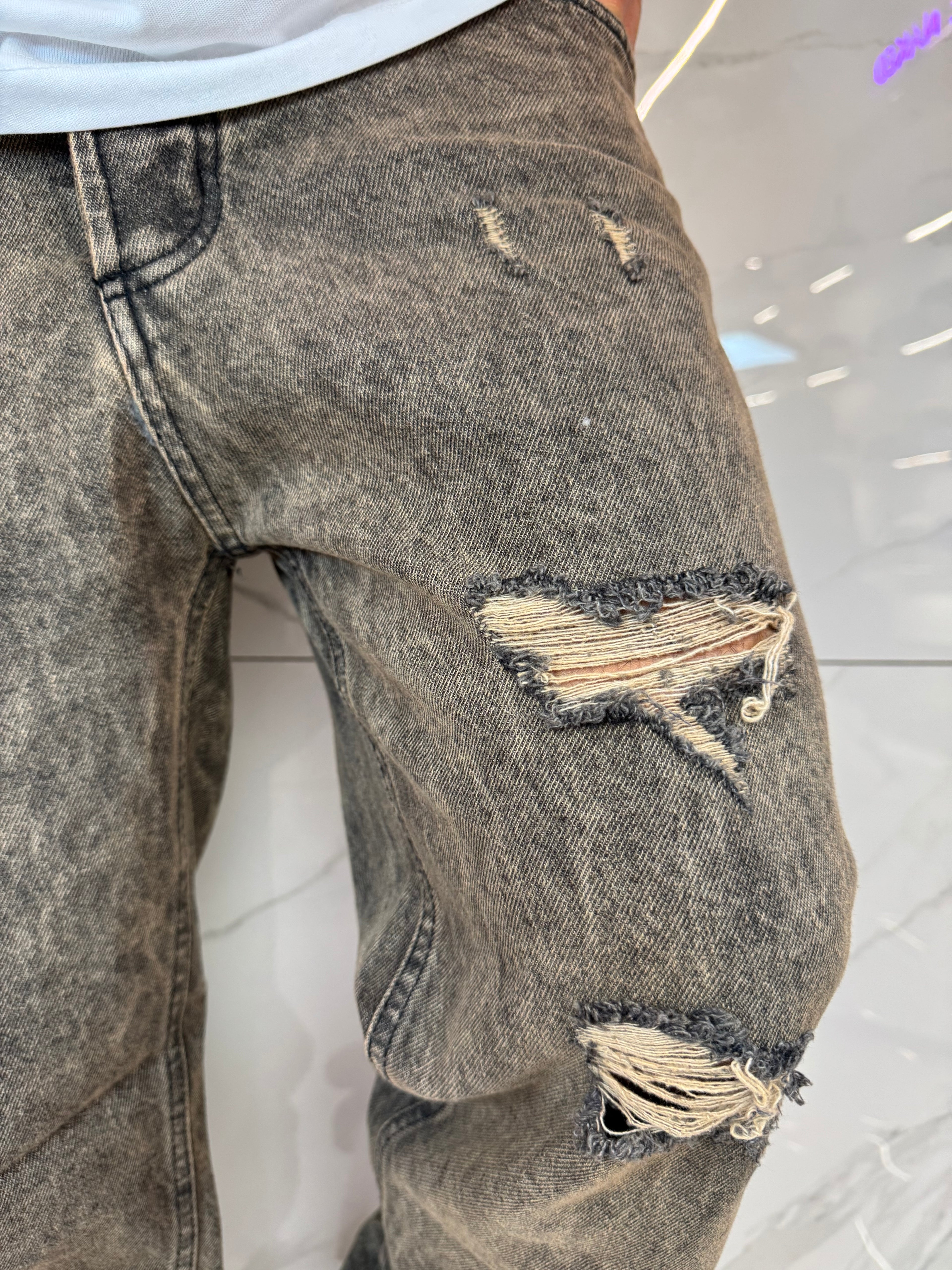 Jeans Loose Fit Beige Slavato Strappati Uomo Duca Homme - Fondo Regular