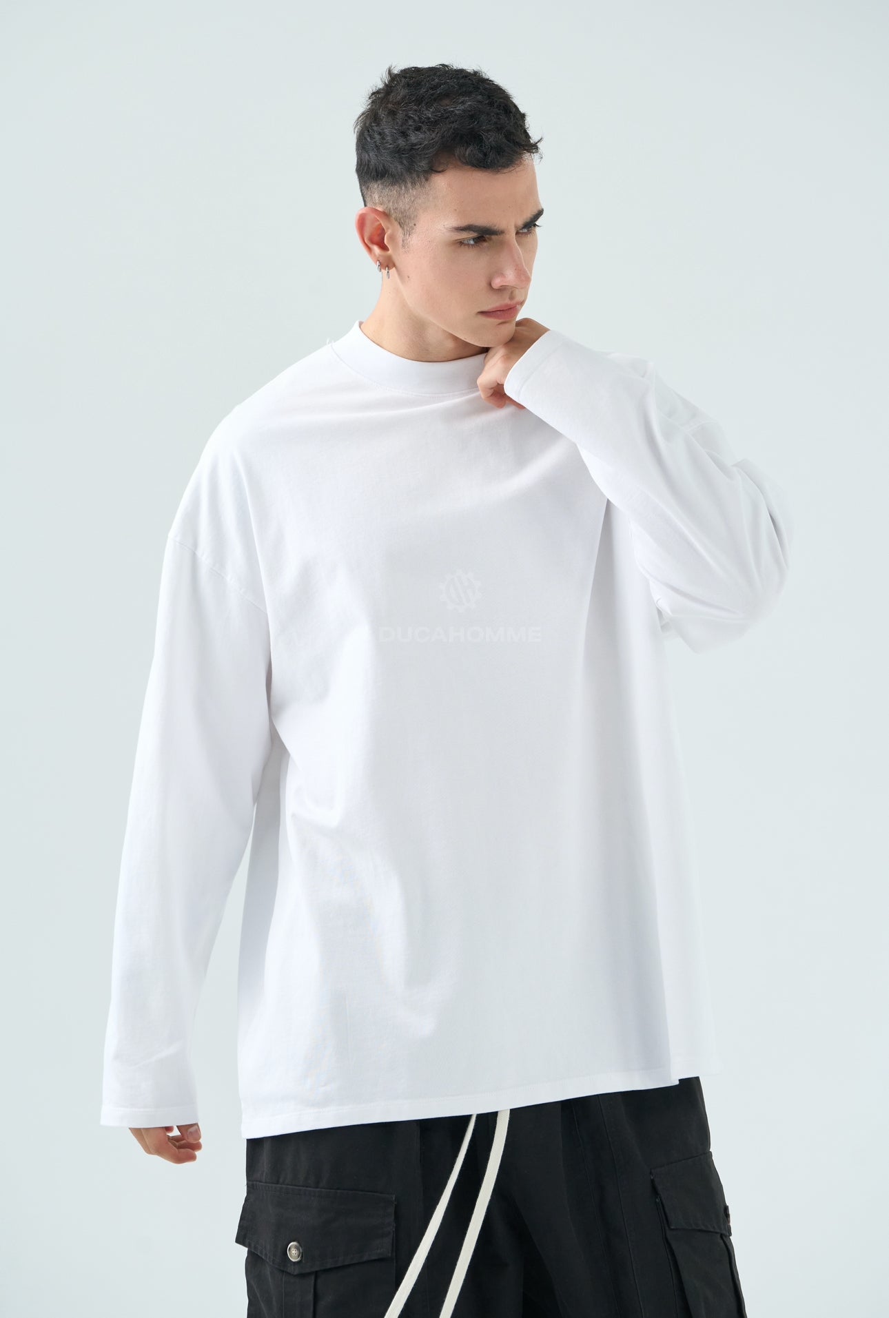 T-Shirt Manica Lunga Bianca Oversize con Logo - Duca Homme