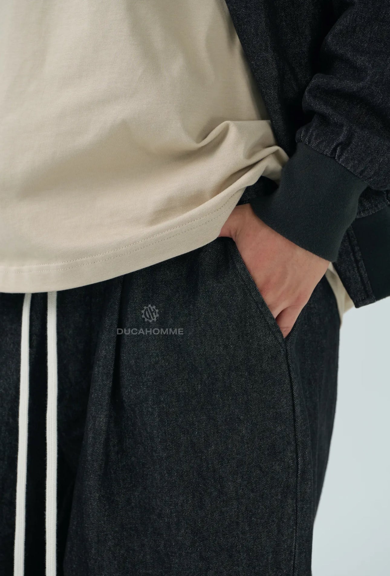 Jeans Baggy Uomo Duca Homme Neri con Laccio | Denim Loose Fit | Gamba Larga