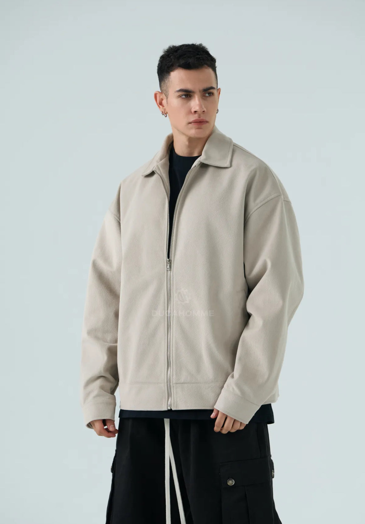 Giacca Uomo Duca Homme Oversize Beige | Modello Scamosciato Full Zip