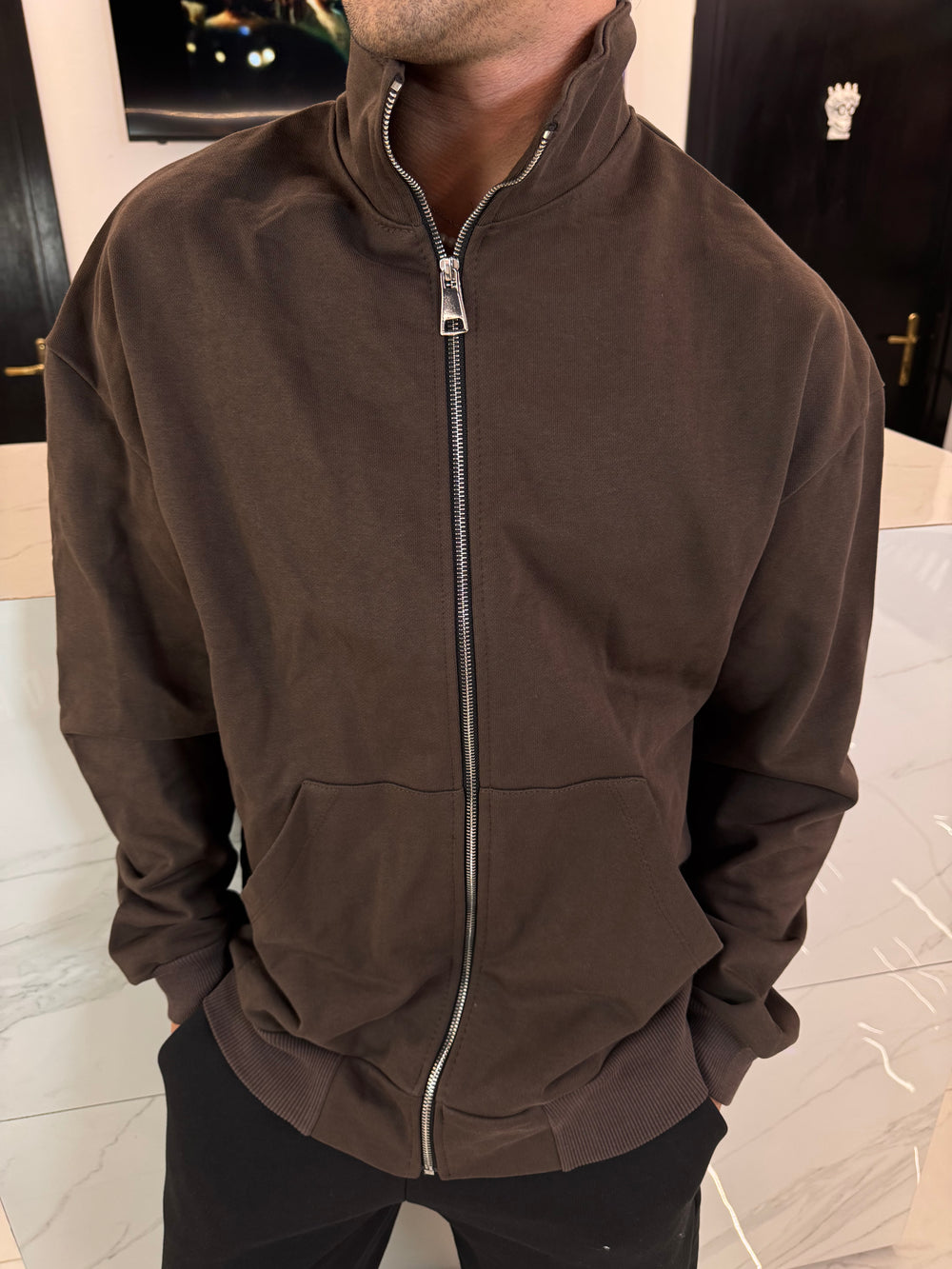 Felpa Collo Alto Zip Garzata Marrone Duca Homme | Caldo Streetwear