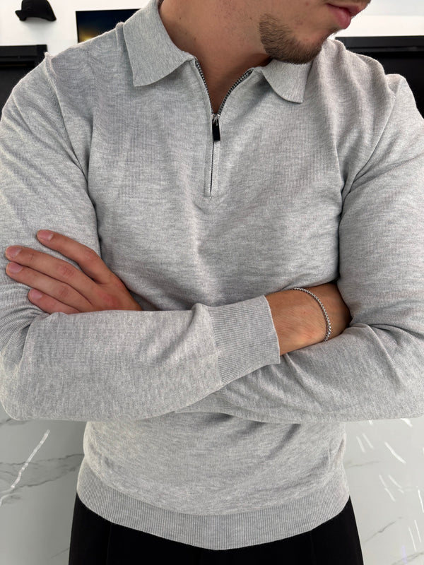 Polo in Maglia Uomo Mezza Zip Grigio Chiaro - Duca Homme