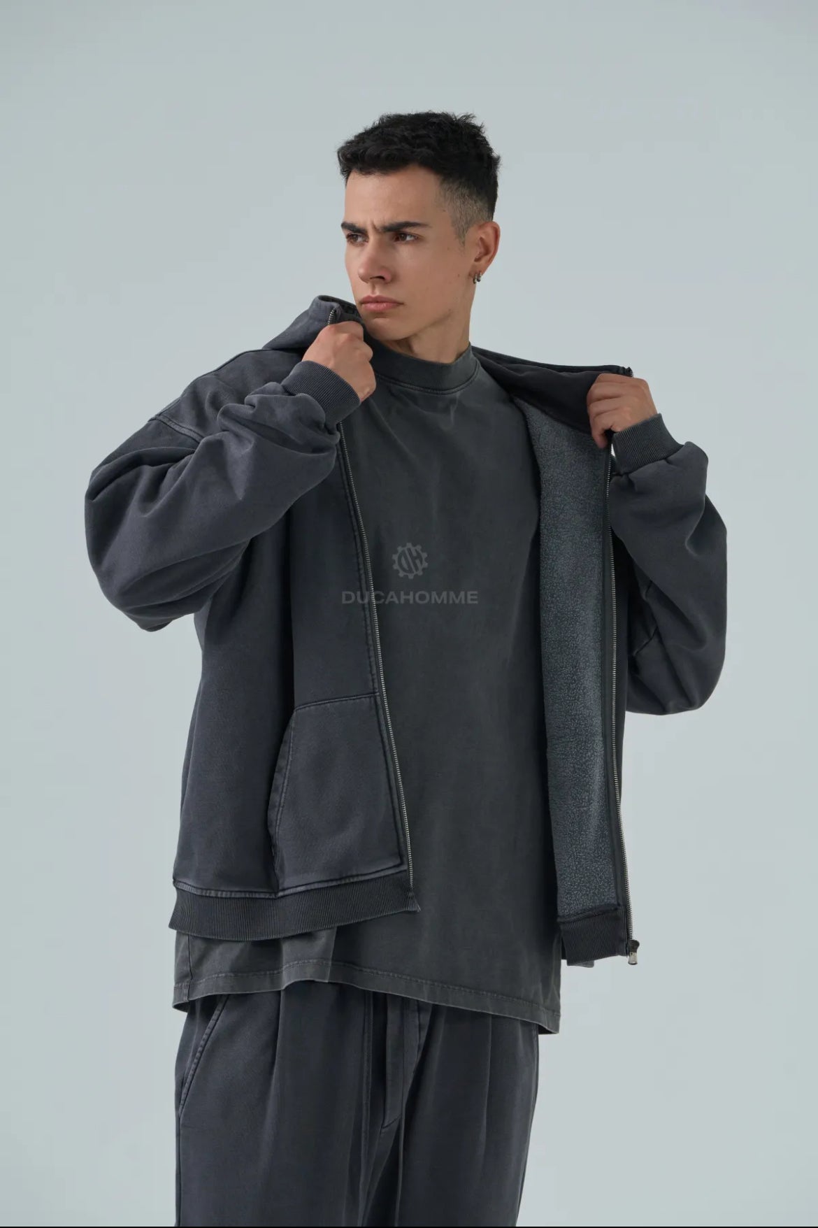 Completo Tuta Grigio piombo Slavato Baggy Duca Homme | Felpa Pantalone Streetwear