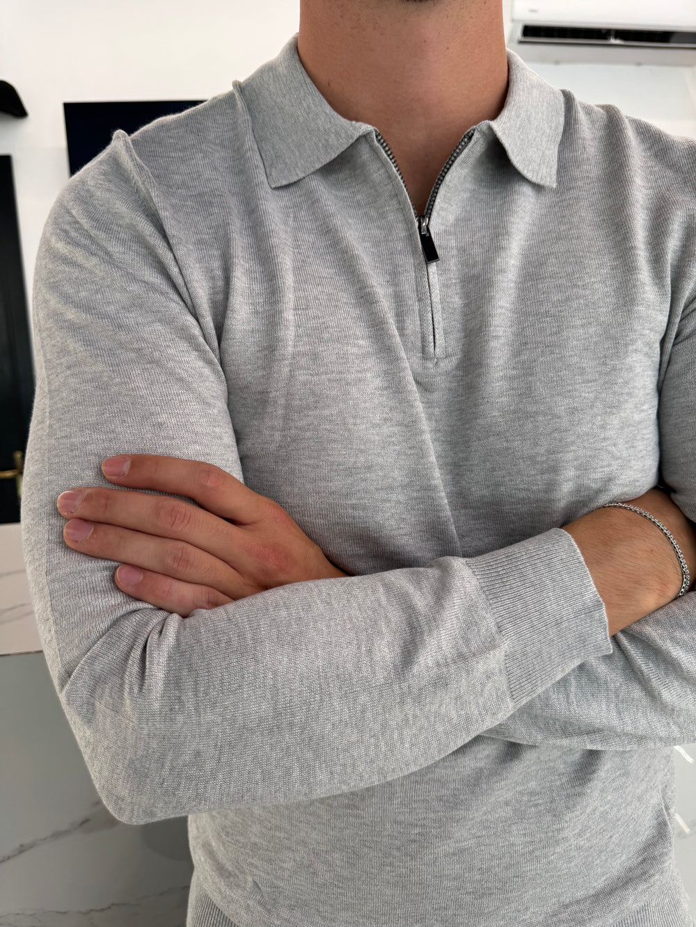 Polo in Maglia Uomo Mezza Zip Grigio Chiaro - Duca Homme
