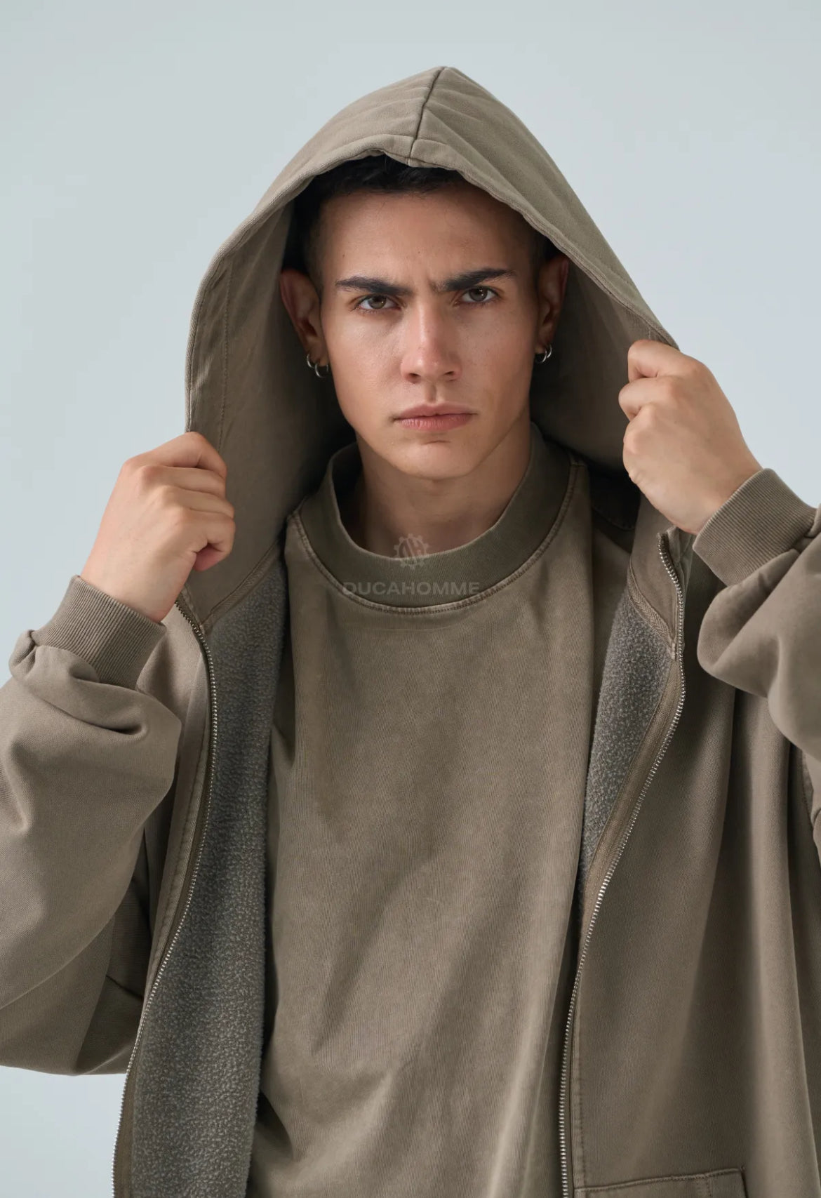 completo da uomo duca homme marrone beige chiaro zip e cappuccio con pantaloni cargo