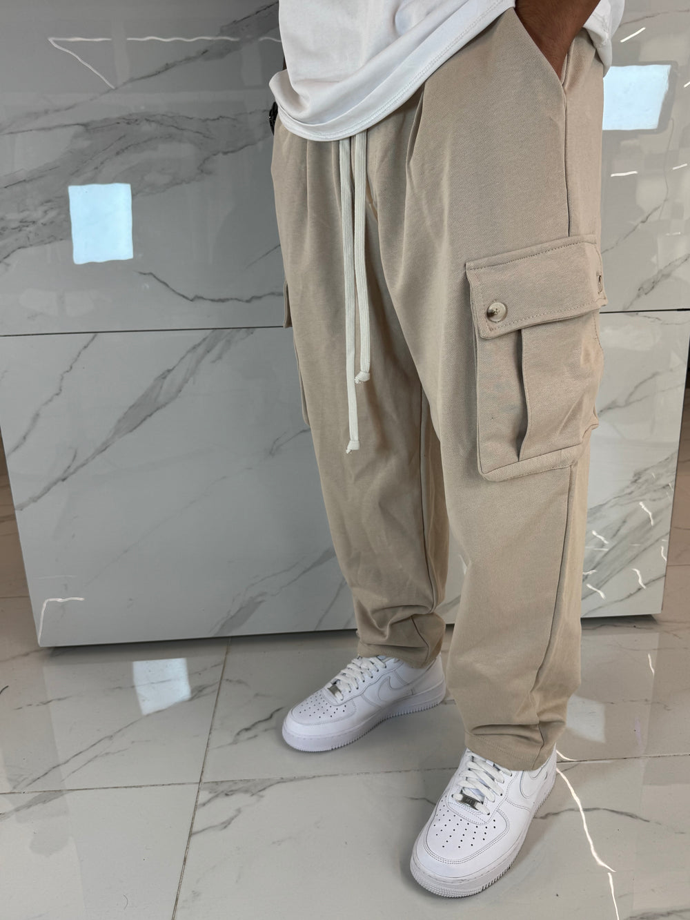 Pantaloni Tuta Garzati Beige Duca Homme | Fondo Largo | Streetwear Caldo