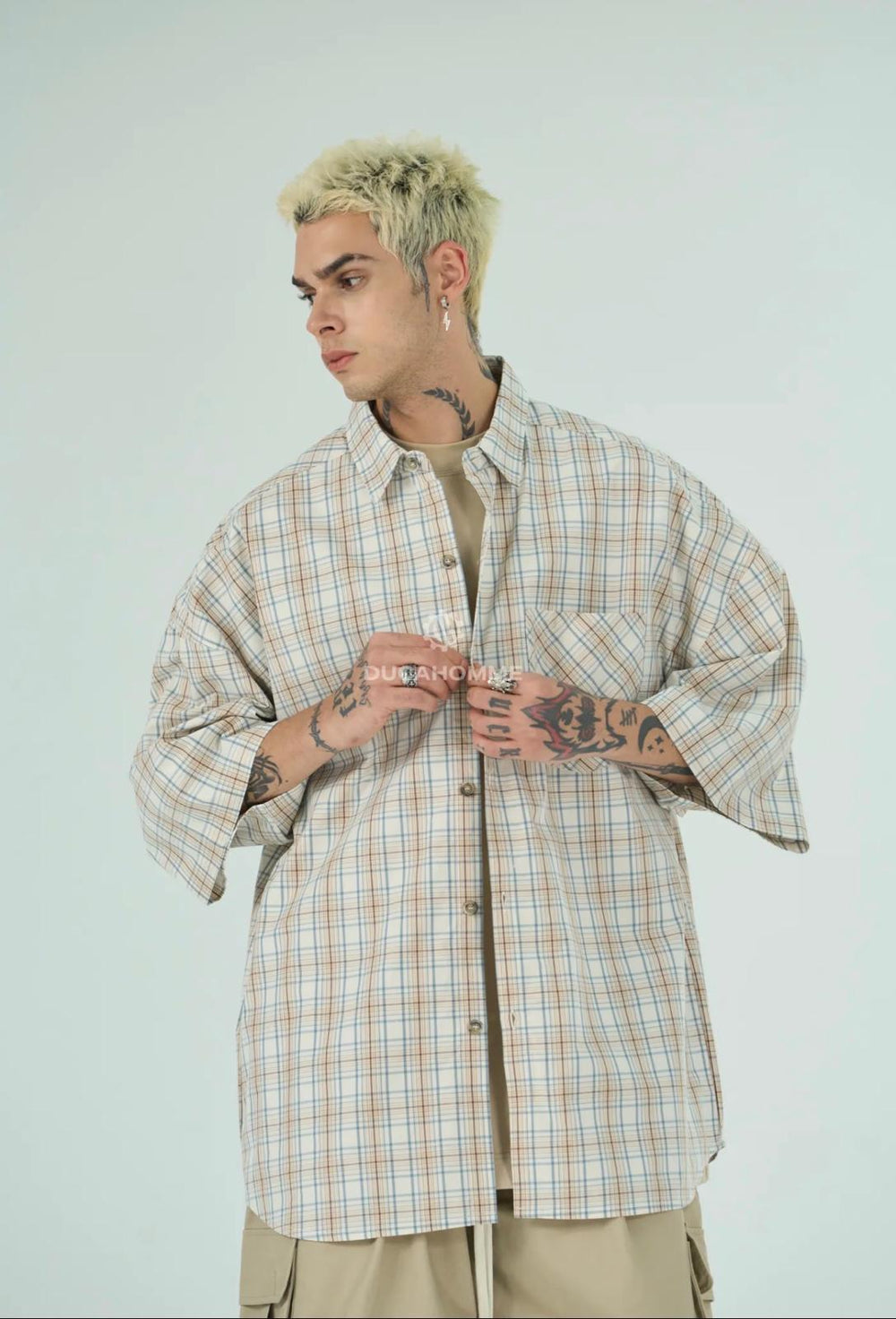 Camicia a Quadri Over Size | Duca Homme (panna)