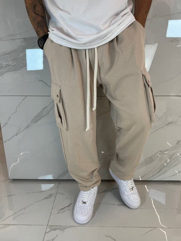 Pantaloni Tuta Garzati Beige Duca Homme | Fondo Largo | Streetwear Caldo