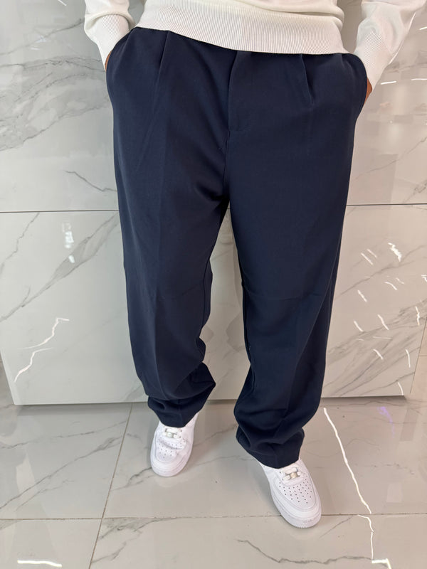 Pantaloni Eleganti Uomo Baggy Blu Notte Duca Homme | Gamba Larga Loose Fit | Stile Sartoriale