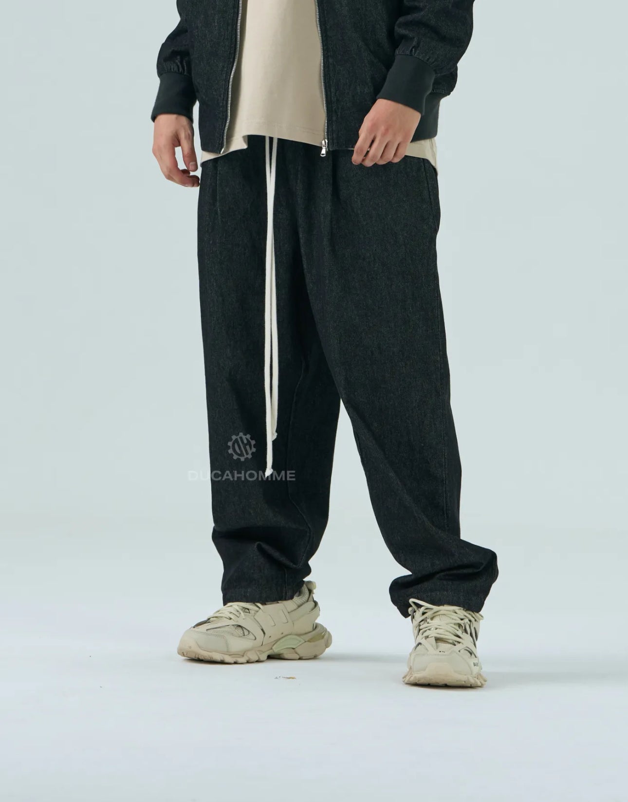 Jeans Baggy Uomo Duca Homme Neri con Laccio | Denim Loose Fit | Gamba Larga