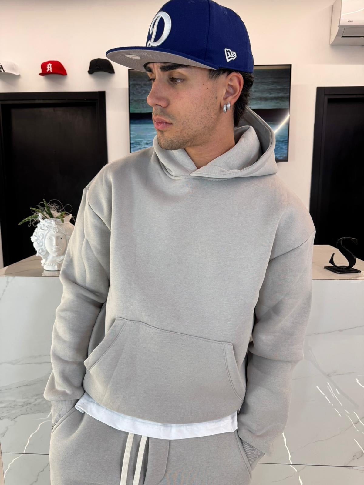 Hoodie Oversize Taglio Corto Grigio Ghiaccio - Duca Homme