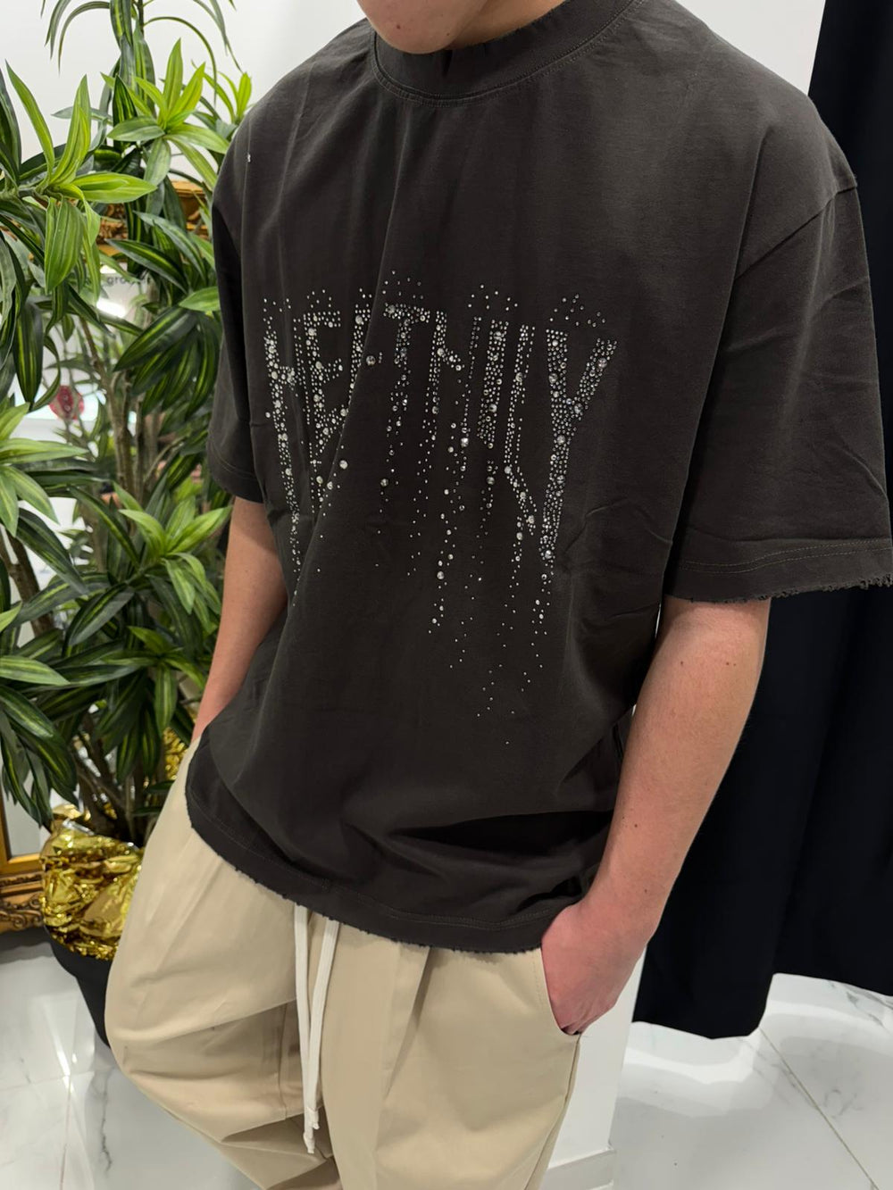 T Shirt Nera diamantata Oversize Duca Homme Nero