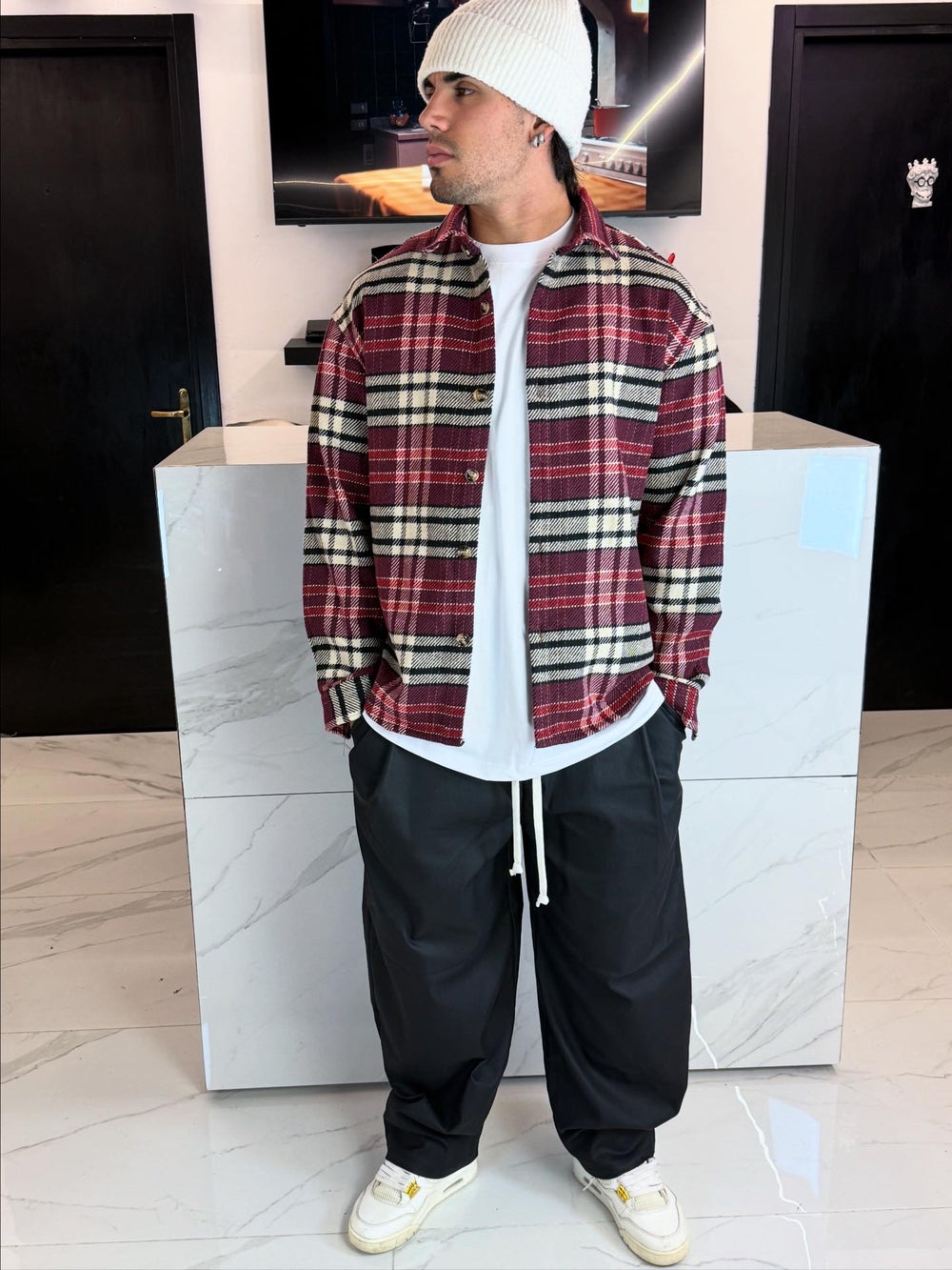 Camicia da uomo a maniche lunghe con bottoni, a quadri, vestibilità regolare, camicia a quadri con colletto a fascia, camicie Henley, abbigliamento leggero da uomo con tasca sul petto, vacanze, casual