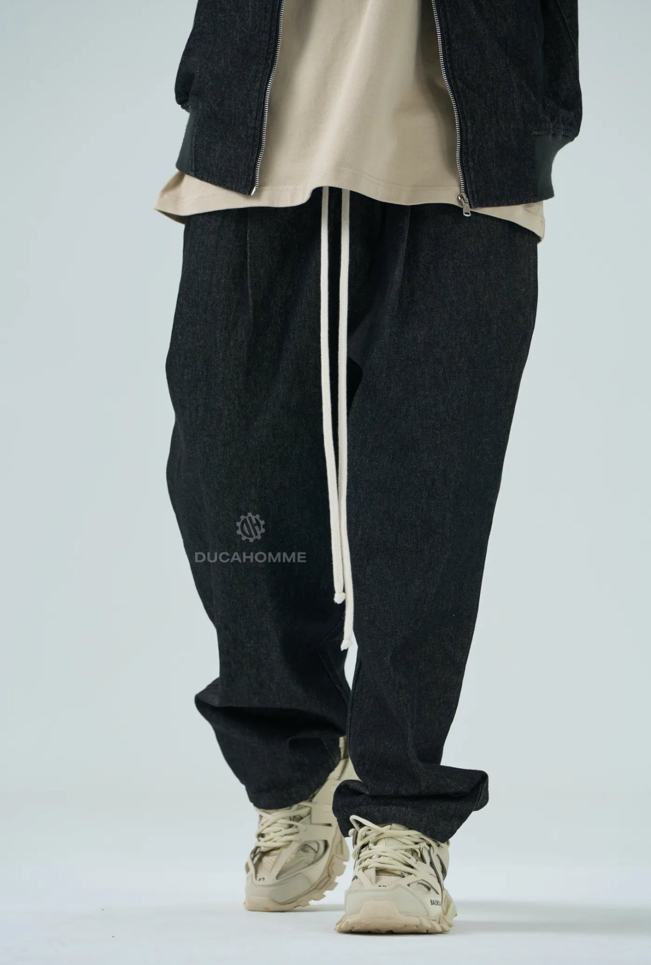 Jeans Baggy Uomo Duca Homme Neri con Laccio | Denim Loose Fit | Gamba Larga