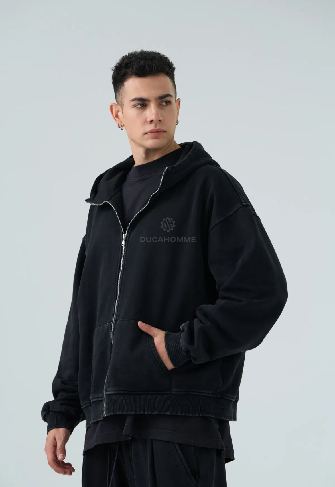 Completo Tuta Nero Slavato Baggy Duca Homme | Felpa total zip Pantalone Streetwear