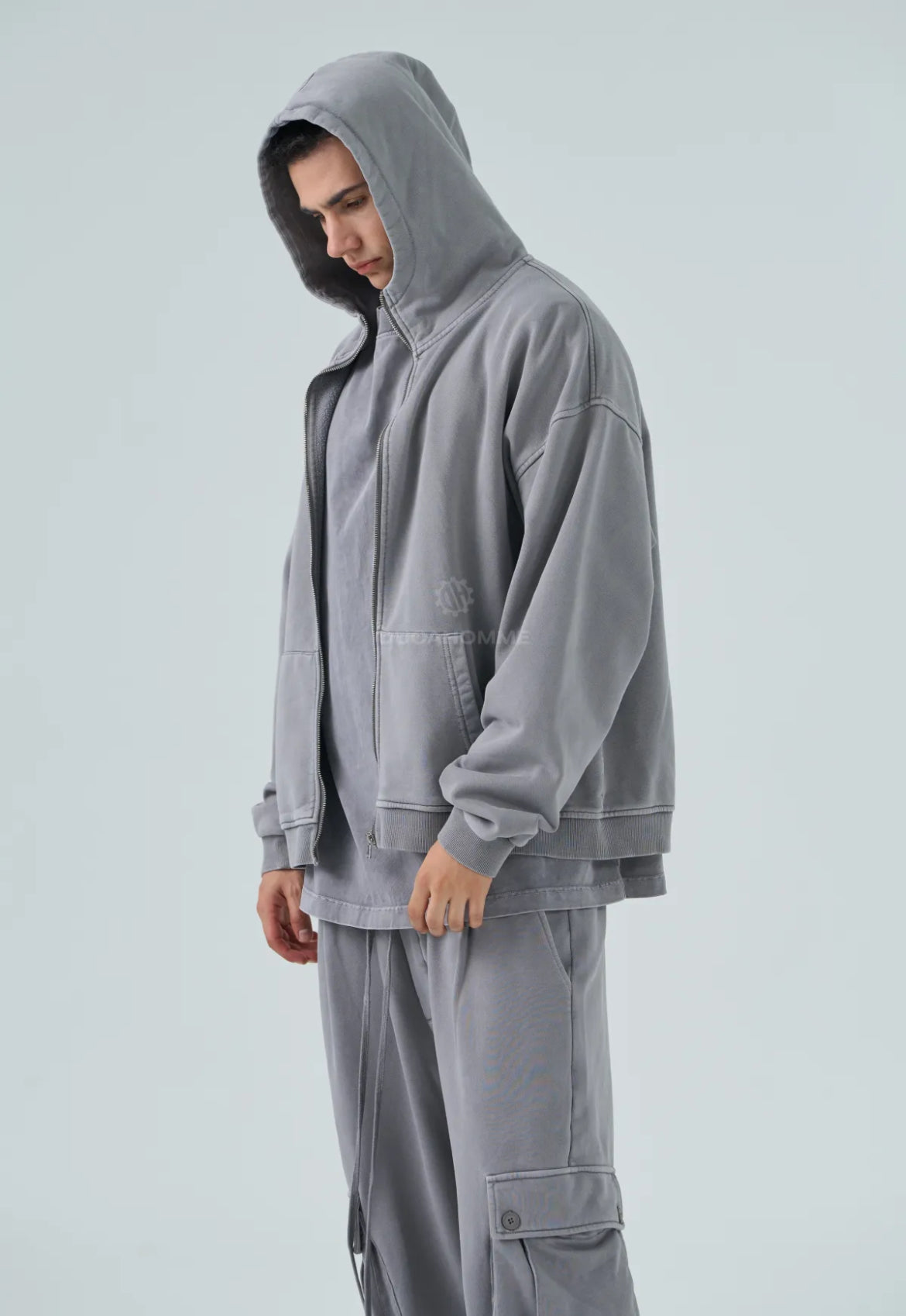 tuta completa da uomo duca homme grigio chiaro zip e cappuccio con pantaloni cargo