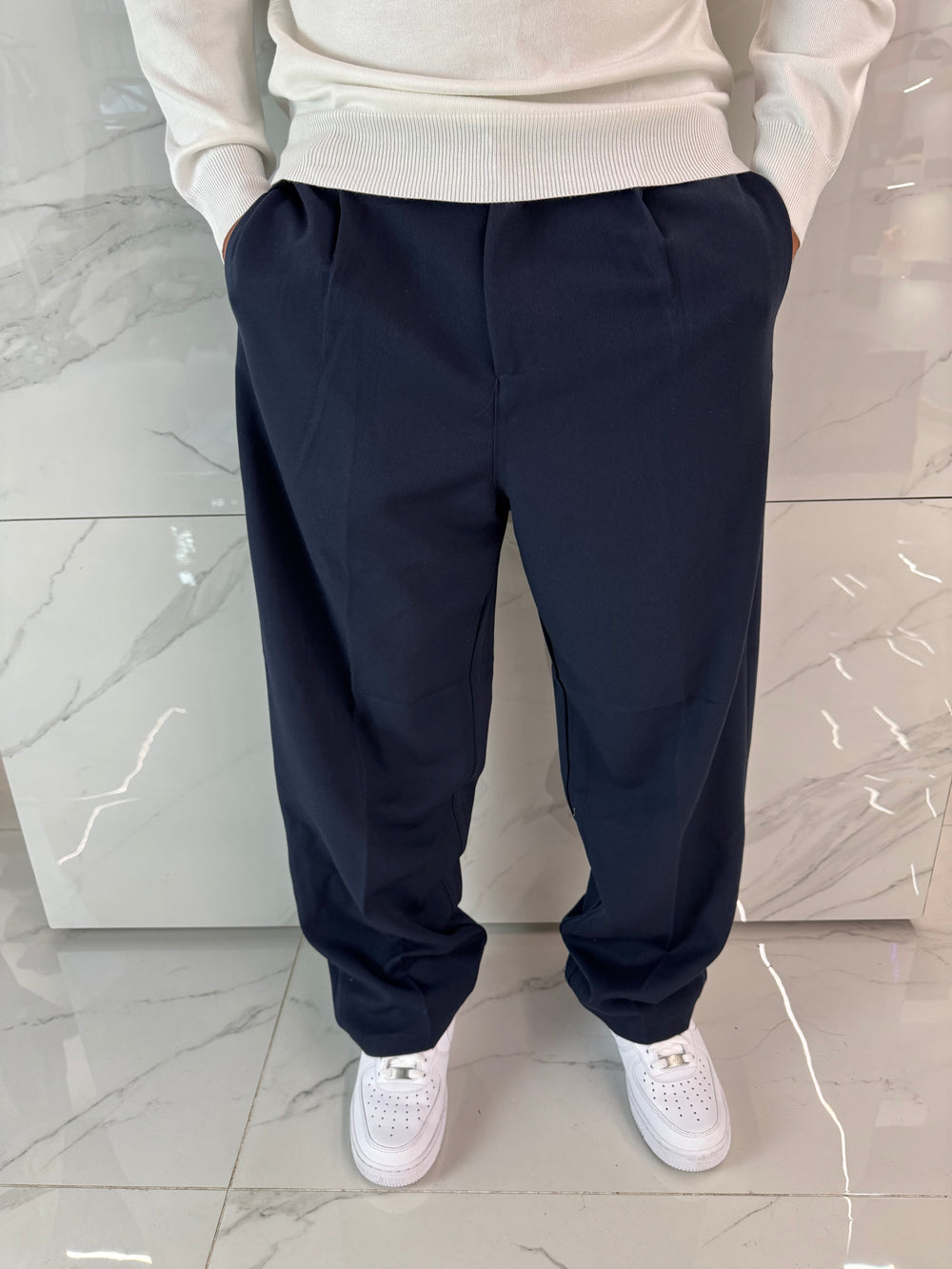 Pantaloni Eleganti Uomo Baggy Blu Notte Duca Homme | Gamba Larga Loose Fit | Stile Sartoriale