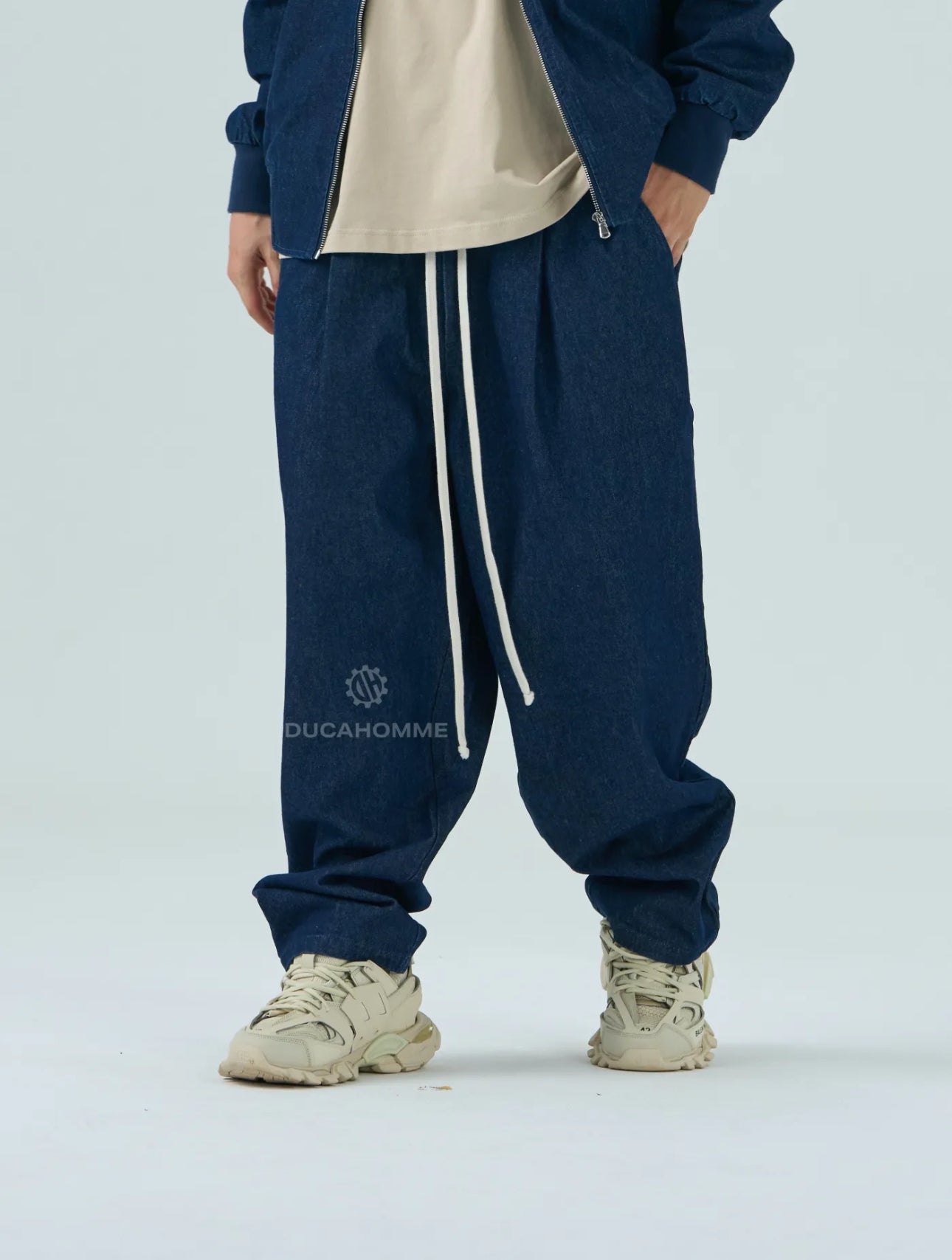 Jeans Baggy Uomo Duca Homme Blu con Laccio | Denim Loose Fit | Gamba Larga