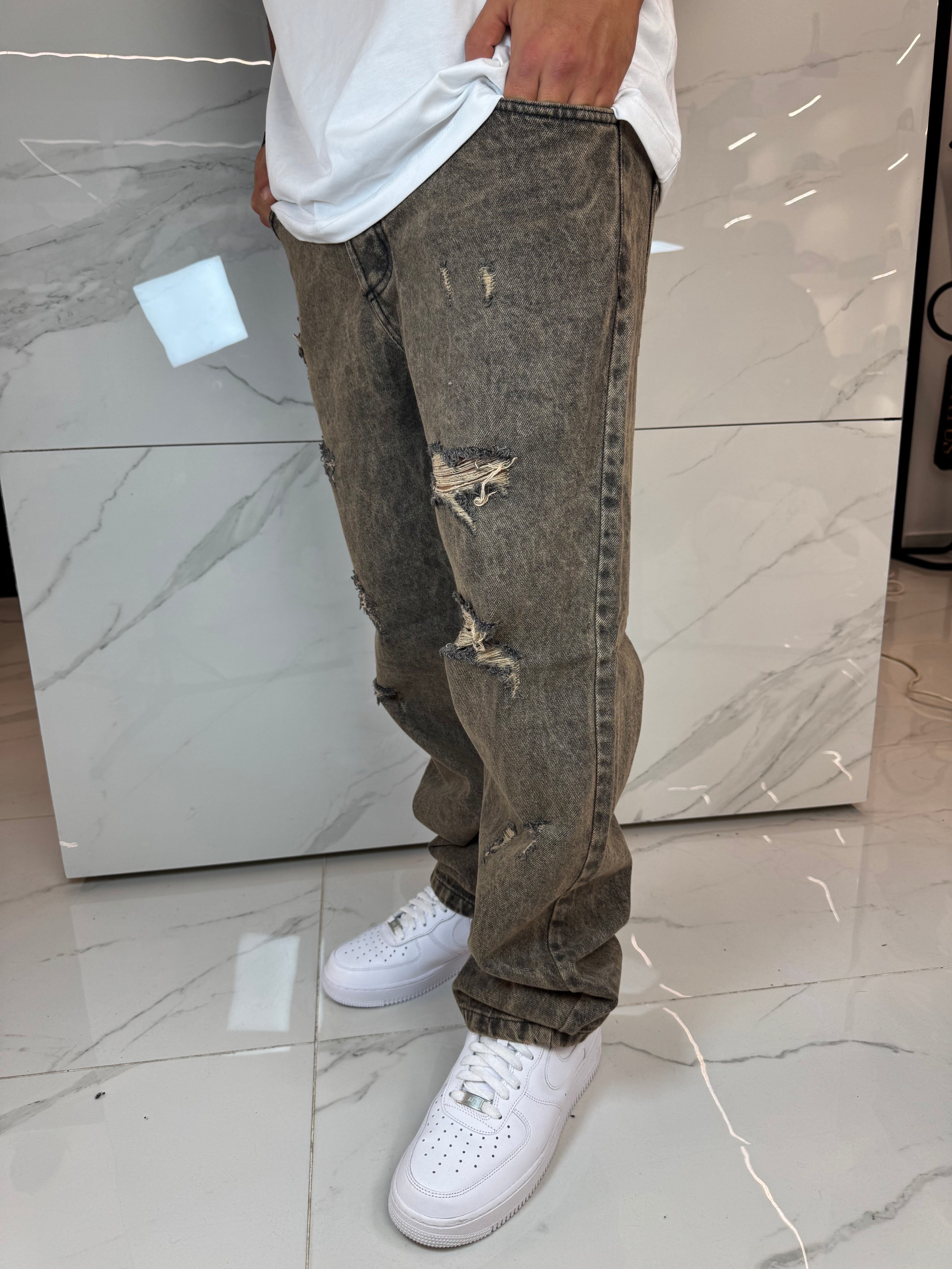 Jeans Loose Fit Beige Slavato Strappati Uomo Duca Homme - Fondo Regular