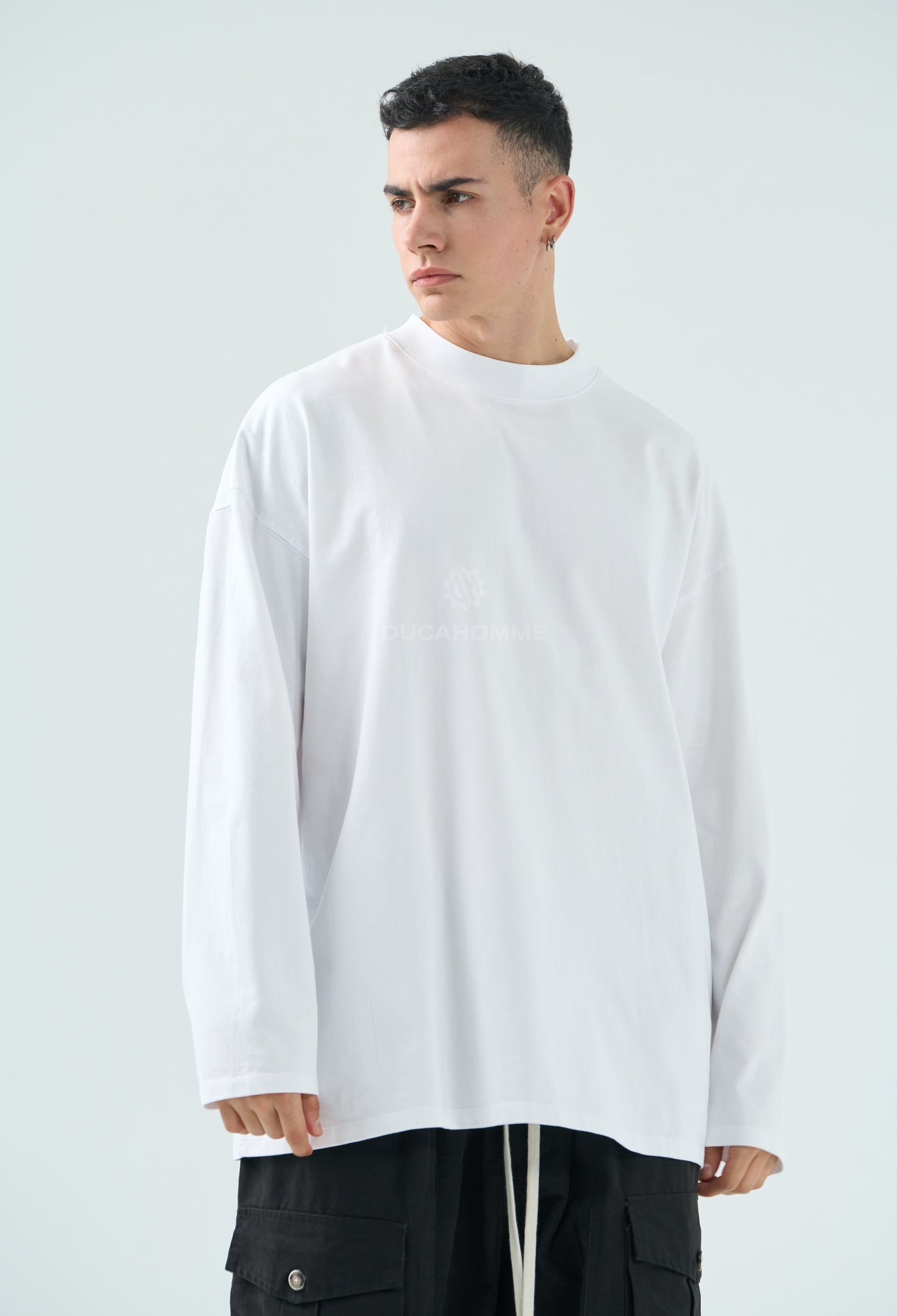 T-Shirt Manica Lunga Bianca Oversize con Logo - Duca Homme