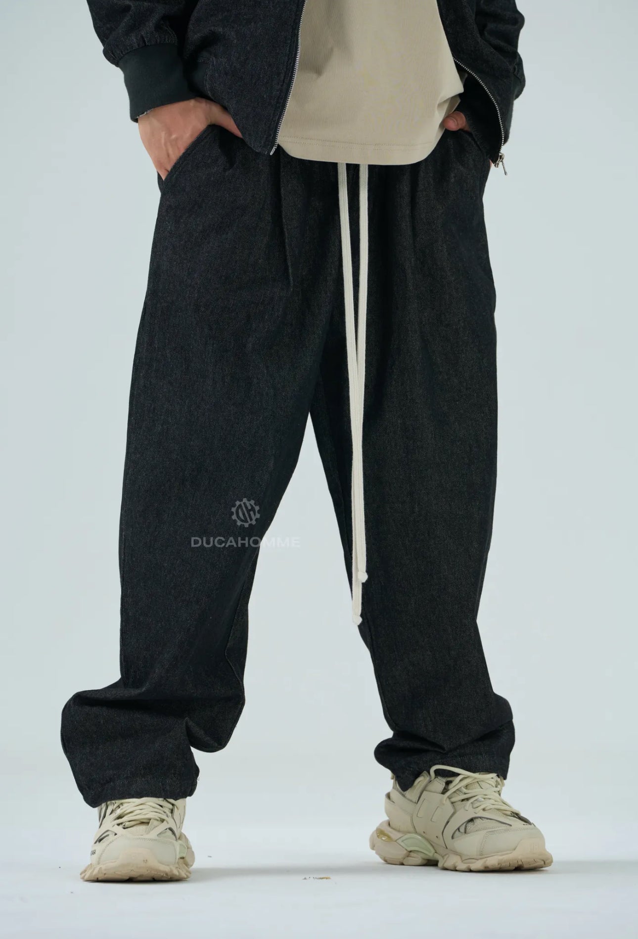 Jeans Baggy Uomo Duca Homme Neri con Laccio | Denim Loose Fit | Gamba Larga