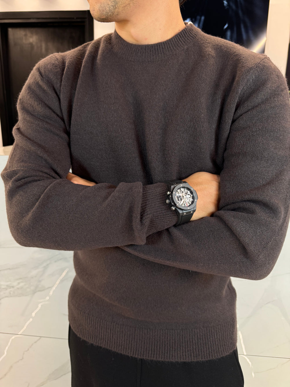 Maglione Basic Girocollo Marrone misto cachemir - Duca Homme