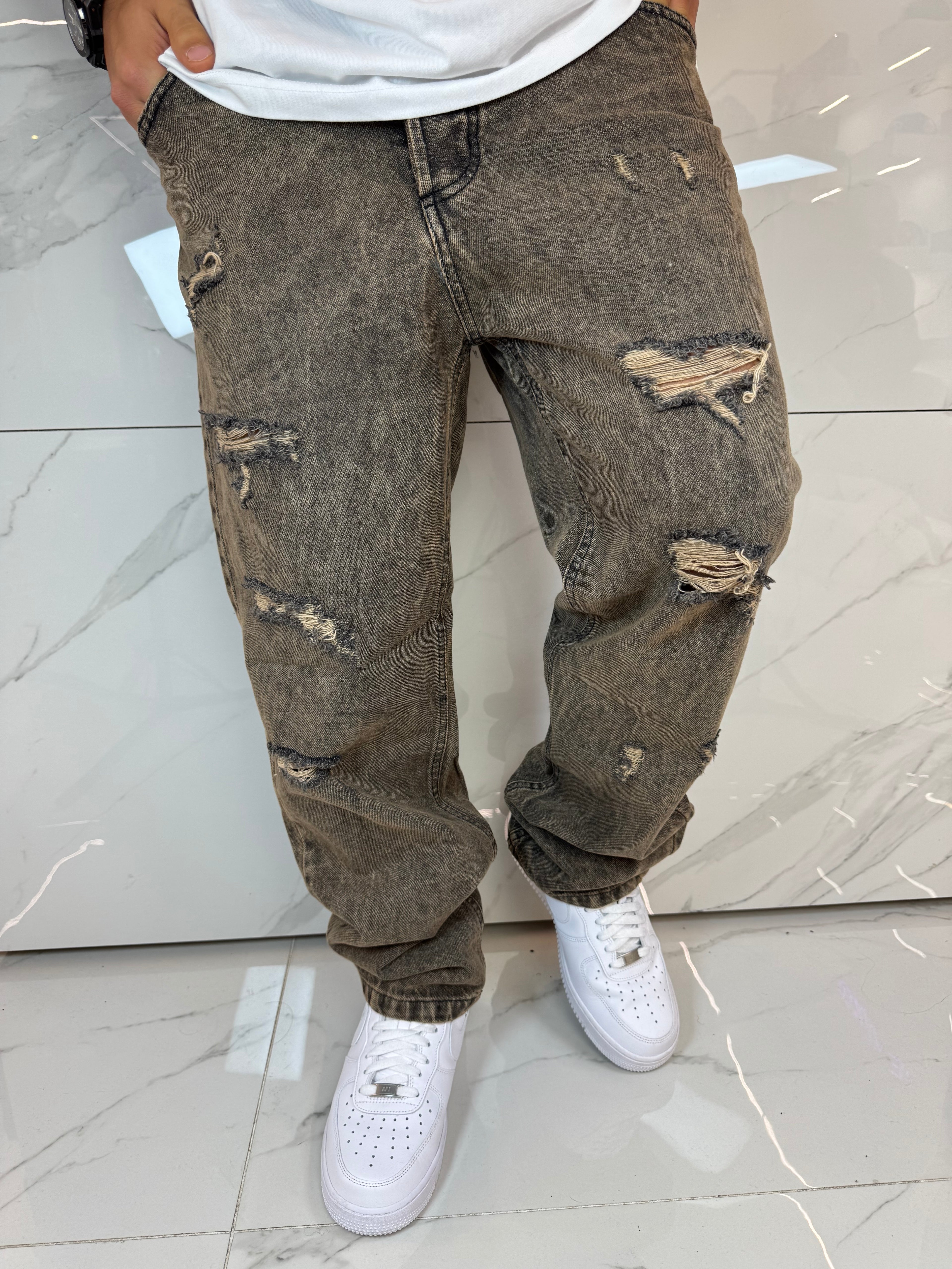 Jeans Loose Fit Beige Slavato Strappati Uomo Duca Homme - Fondo Regular