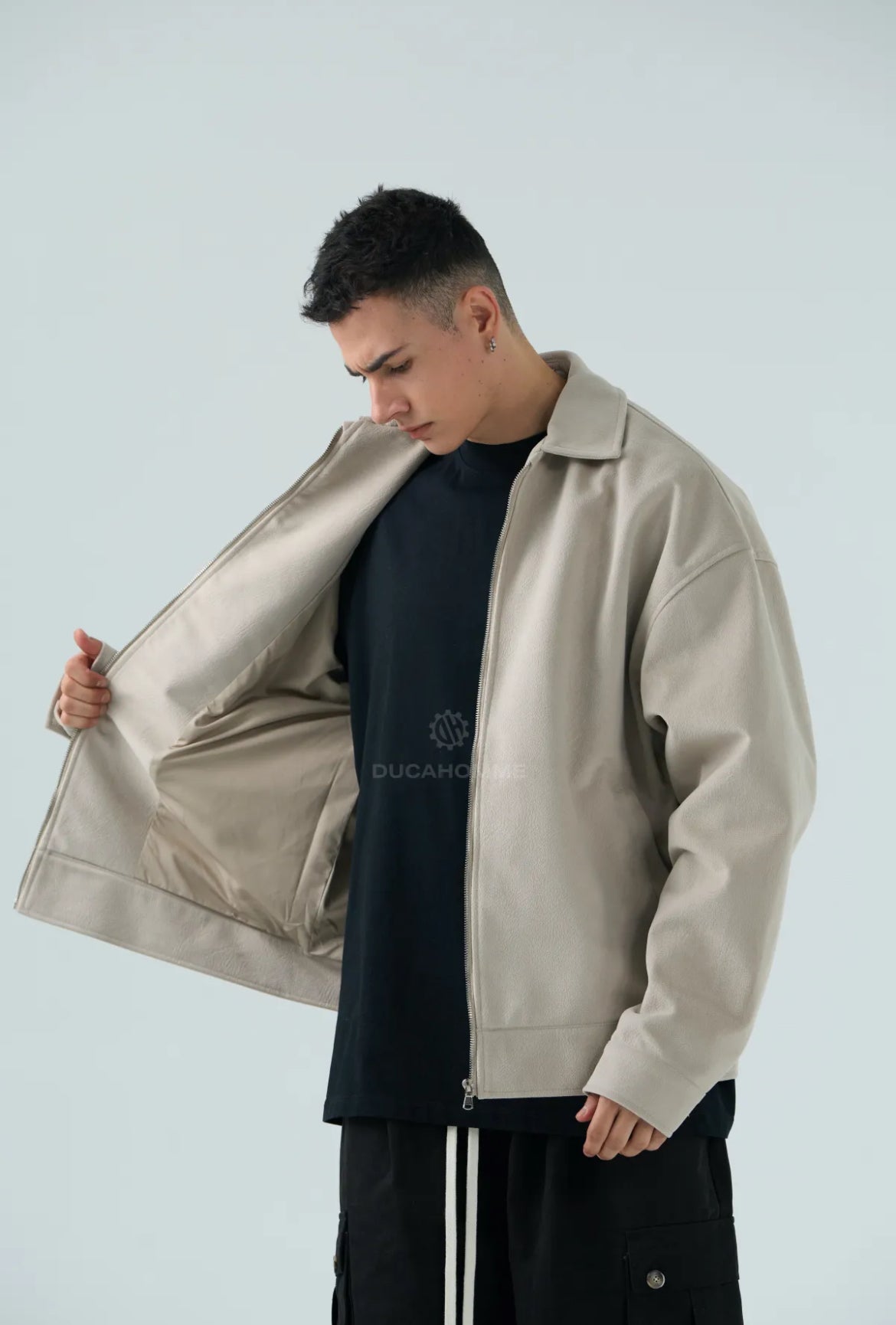 Giacca Uomo Duca Homme Oversize Beige | Modello Scamosciato Full Zip