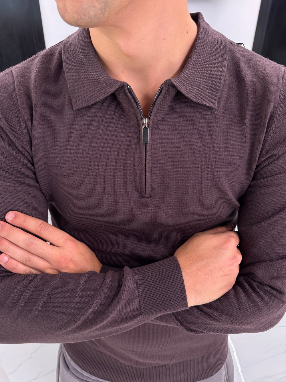 Polo in Maglia Uomo Mezza Zip Marrone - Duca Homme
