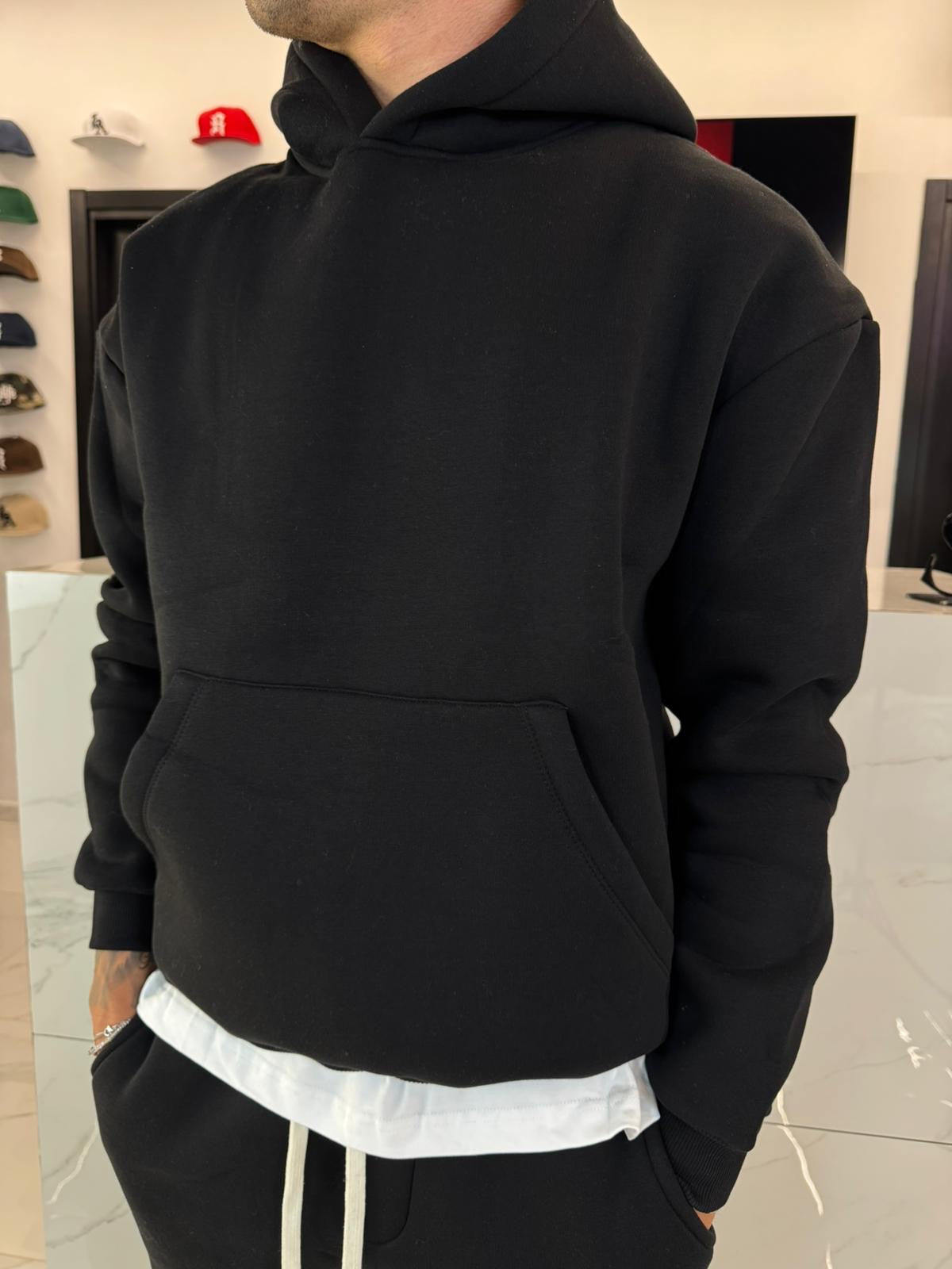 Felpa Hoodie Boxy Fit Nera (Taglio Corto) - Duca Homme Heavyweight