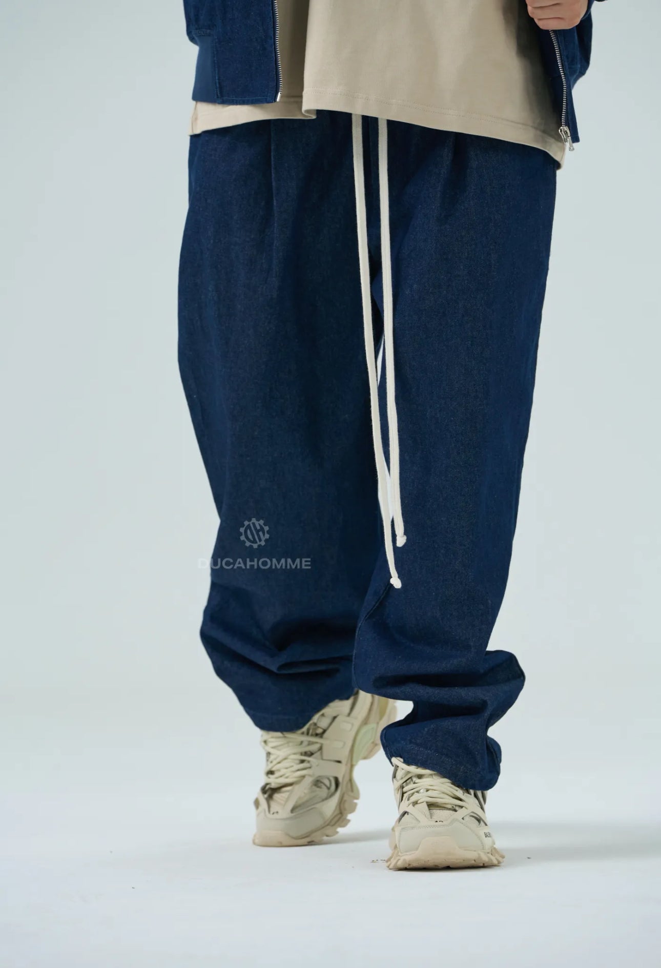 Jeans Baggy Uomo Duca Homme Blu con Laccio | Denim Loose Fit | Gamba Larga