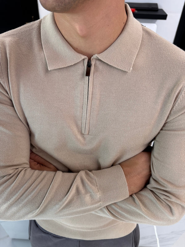 Polo in Maglia Uomo Mezza Zip Beige - Duca Homme