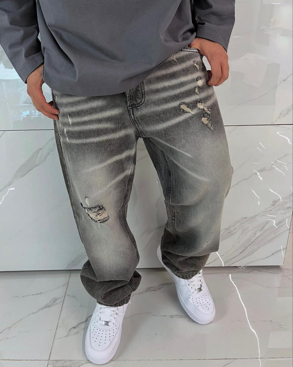 Jeans Baggy Grigio Strappati Uomo Duca Homme - Fondo Jogger