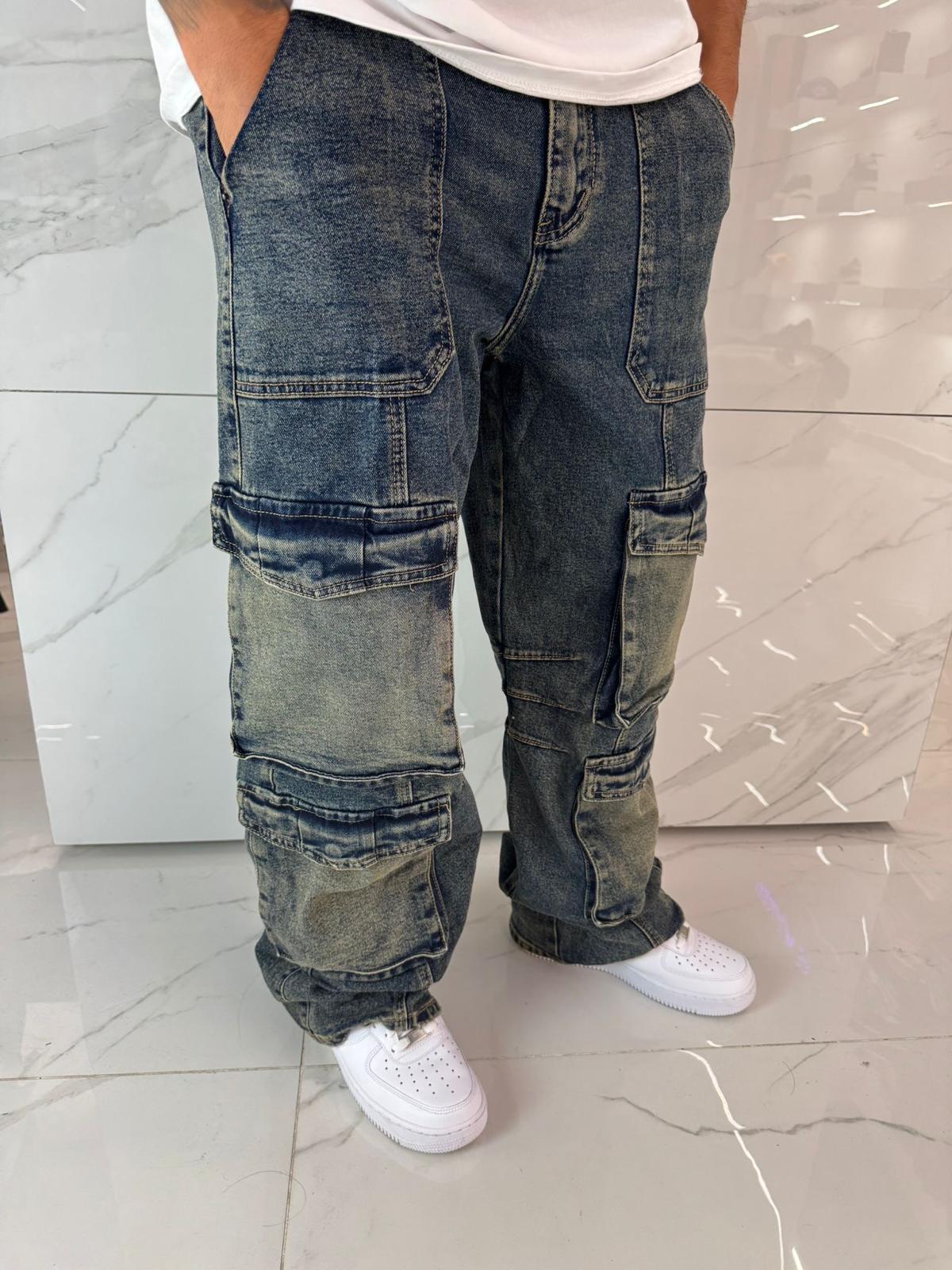 Jeans Cargo Baggy Blu Scuro Uomo Duca Homme - Multi Tasche