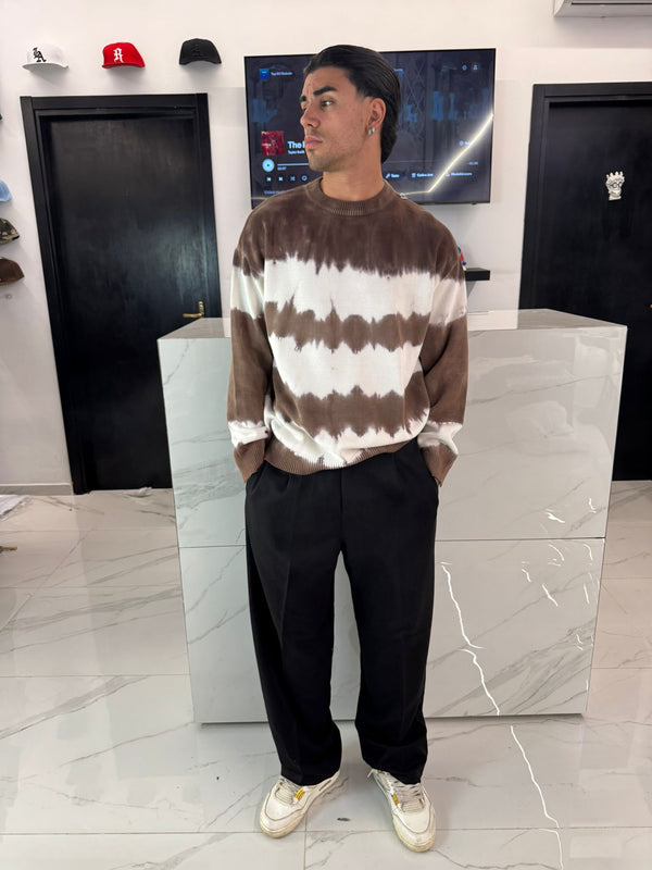 Maglione Girocollo Uomo Effetto Tie Dye a Righe Marrone - Duca Homme