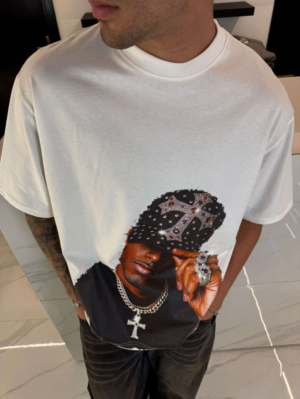 T-Shirt Oversize Bianca Uomo Stampa Hip Hop - Duca Homme Street