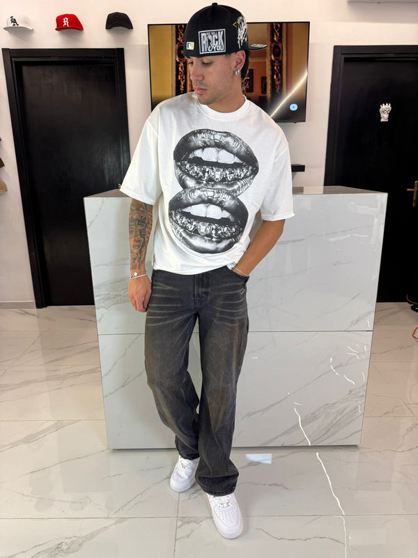 T-Shirt Oversize Bianca Uomo Stampa Luxury Grillz - Duca Homme