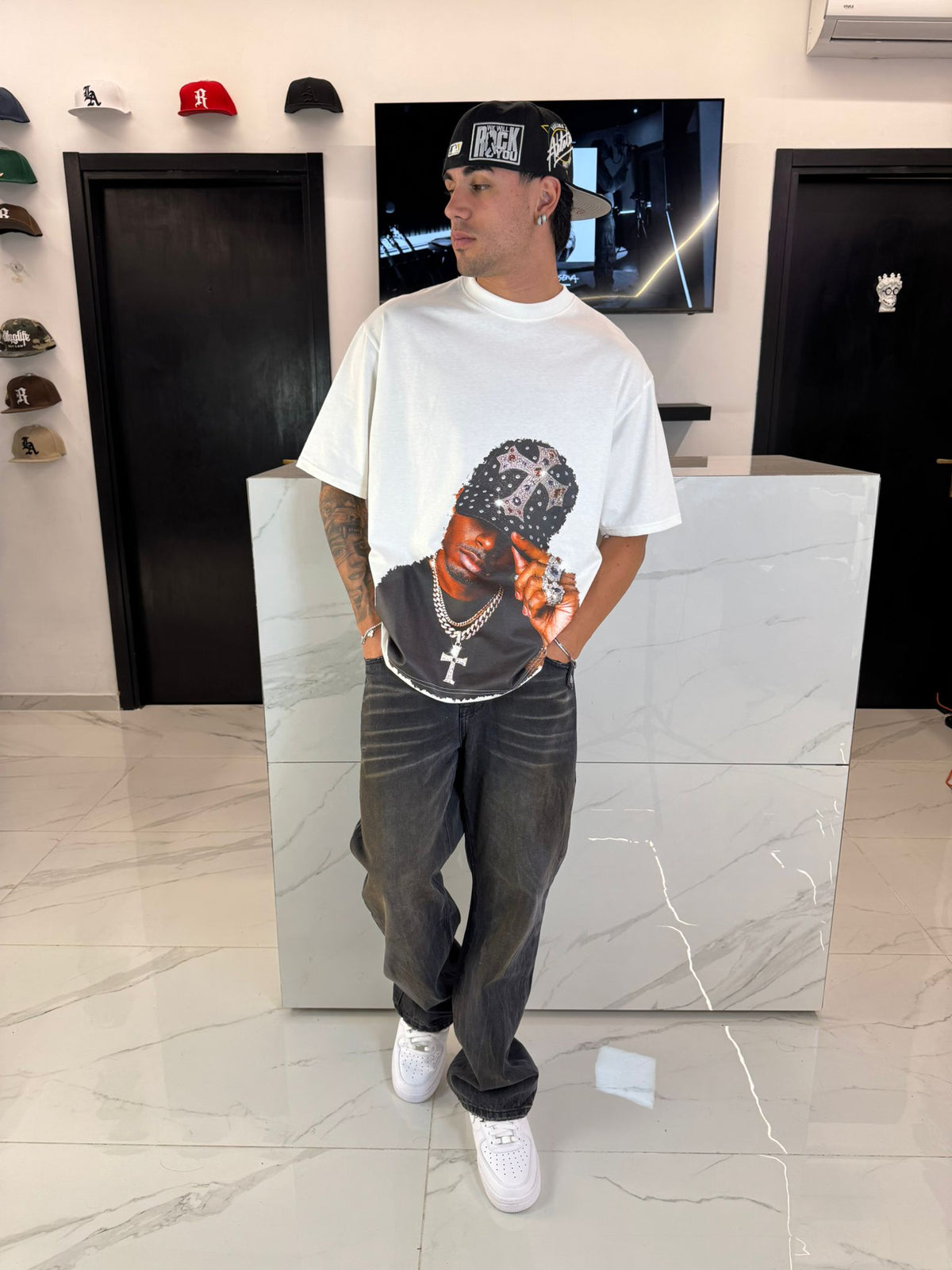 T-Shirt Oversize Bianca Uomo Stampa Hip Hop - Duca Homme Street